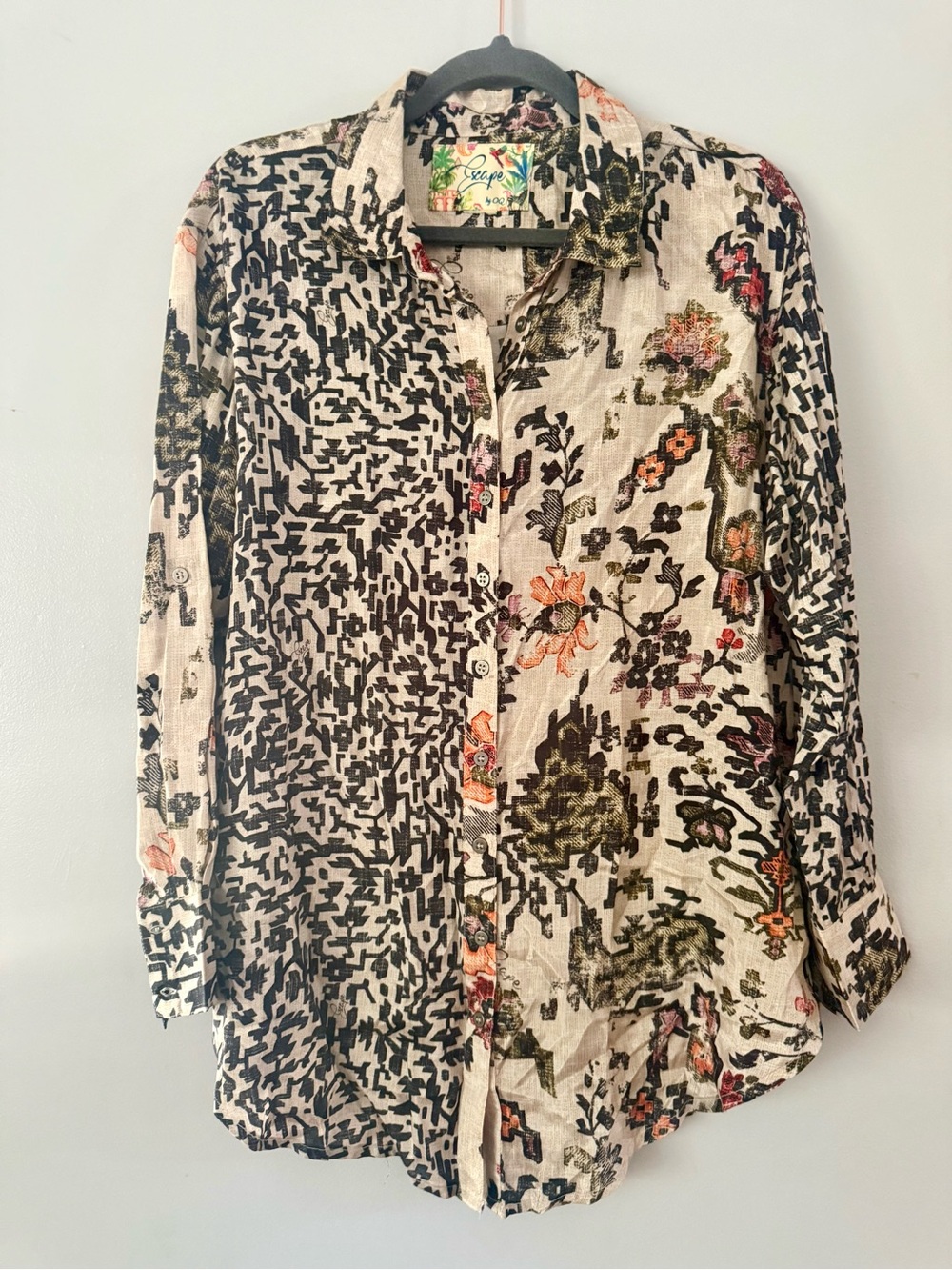 ESCAPE Patchwork Asymmetric Button Down Shirt Multi Pattern Floral Maze S